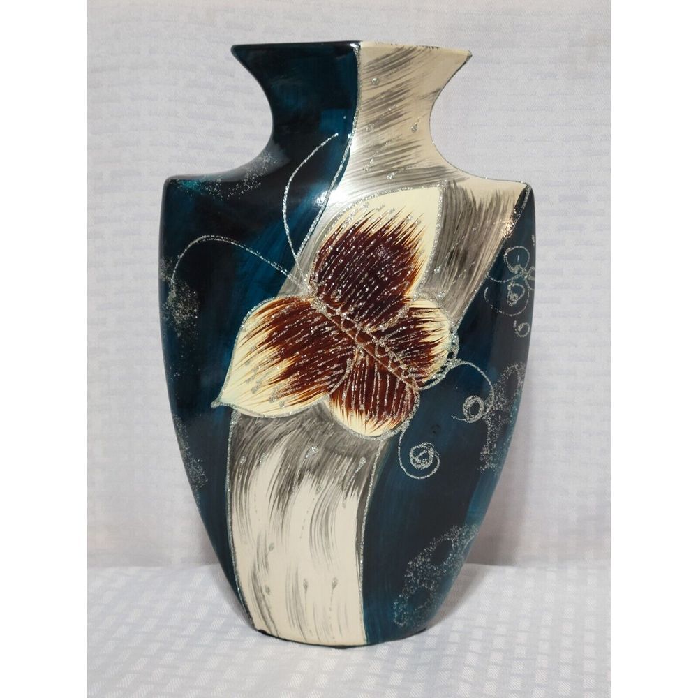 Hand Painted Ceramic‎ Floral Vase Teal Cream Silver Glitter Decorative Art Deco
